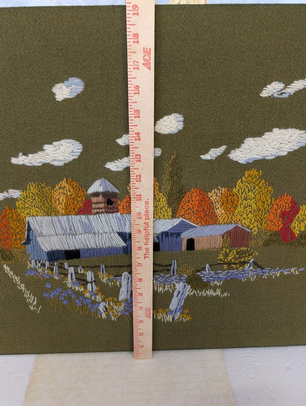 Vintage Crewel Work Autumn Barn Wall Art - Olive, Orange & Blue 1970 - Picture 3 of 5